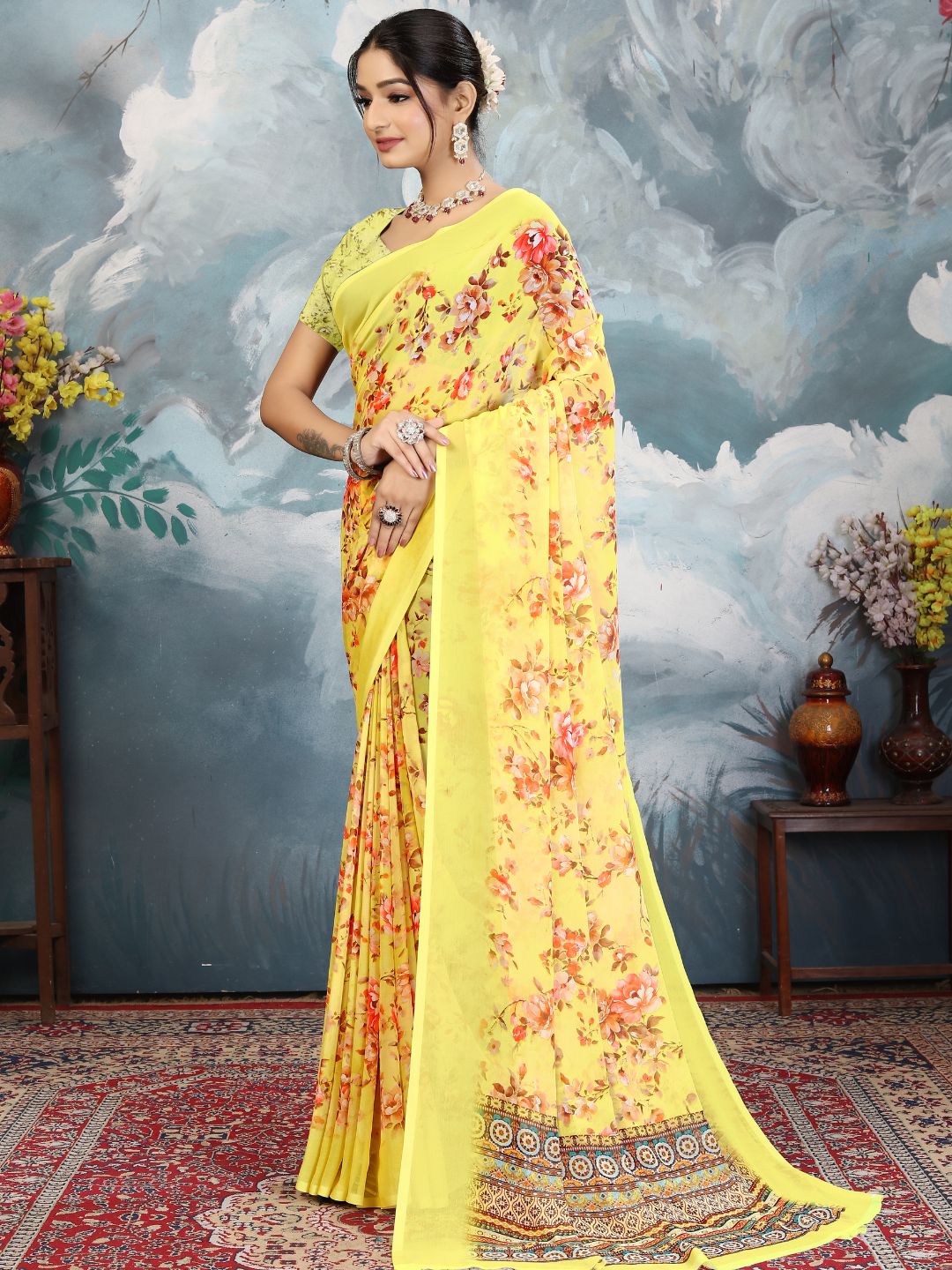ZAMUNA Yellow Georgette Floral Digital Print Saree with Blouse Piece – Radiant Wedding & Festive Saree