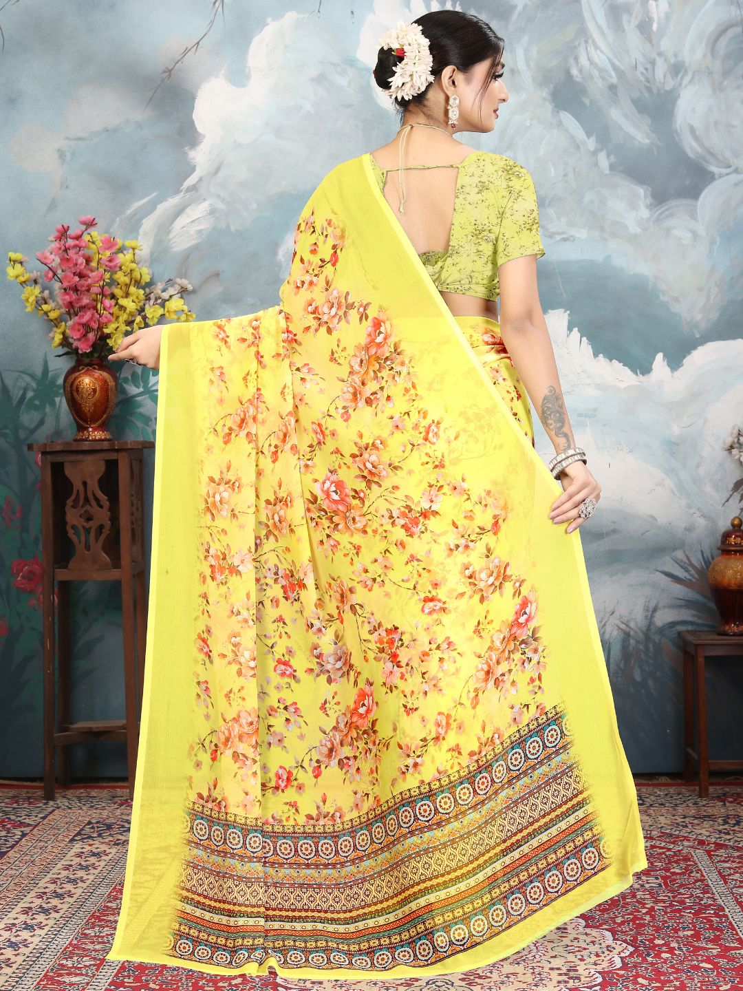 ZAMUNA Yellow Georgette Floral Digital Print Saree with Blouse Piece – Radiant Wedding & Festive Saree
